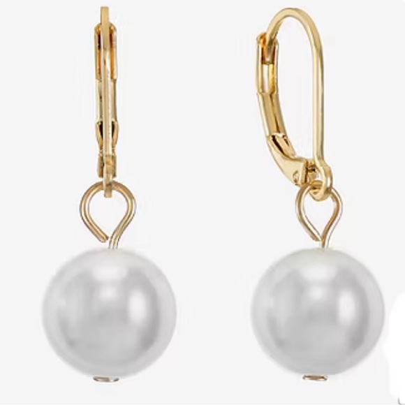 Monet Jewelry - Monet White Simulated Pearl Gold Tone Leverback Drop Earrings